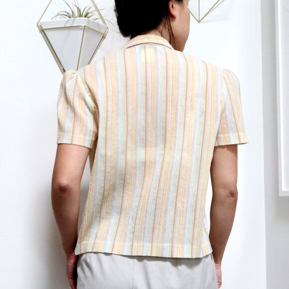 70s Yellow Pastel Rainbow Striped Overcoat w/ Short Sleeve & Slim Collar, Gauzy - Picture 8 of 10